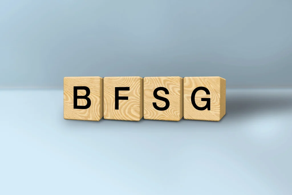 Vier Würfel auf denen jeweils der Buchstabe BFSG steht.