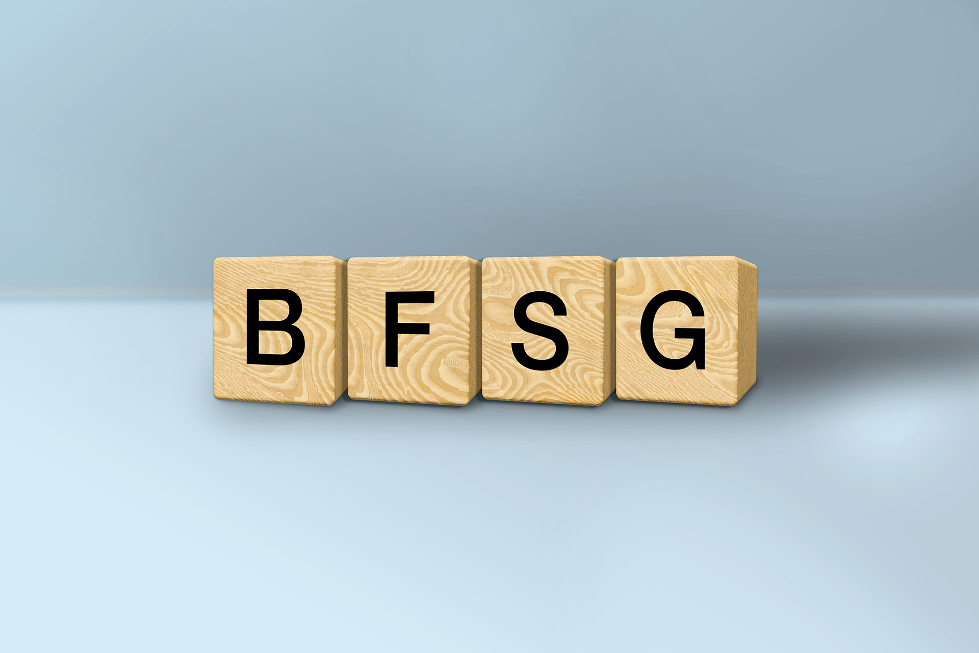 Vier Würfel auf denen jeweils der Buchstabe BFSG steht.