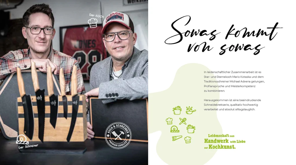 Mario Kotaska und Michael Advena präsentieren Schneidebretter und Messer ihrer Marke „Koch & Schreiner“